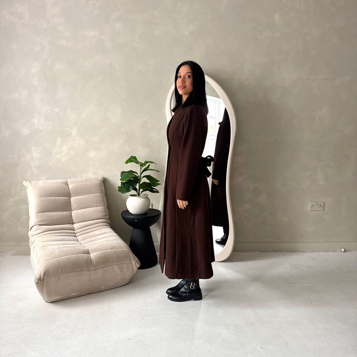 Aven Brown Belted Pocket Plain Trench Coat