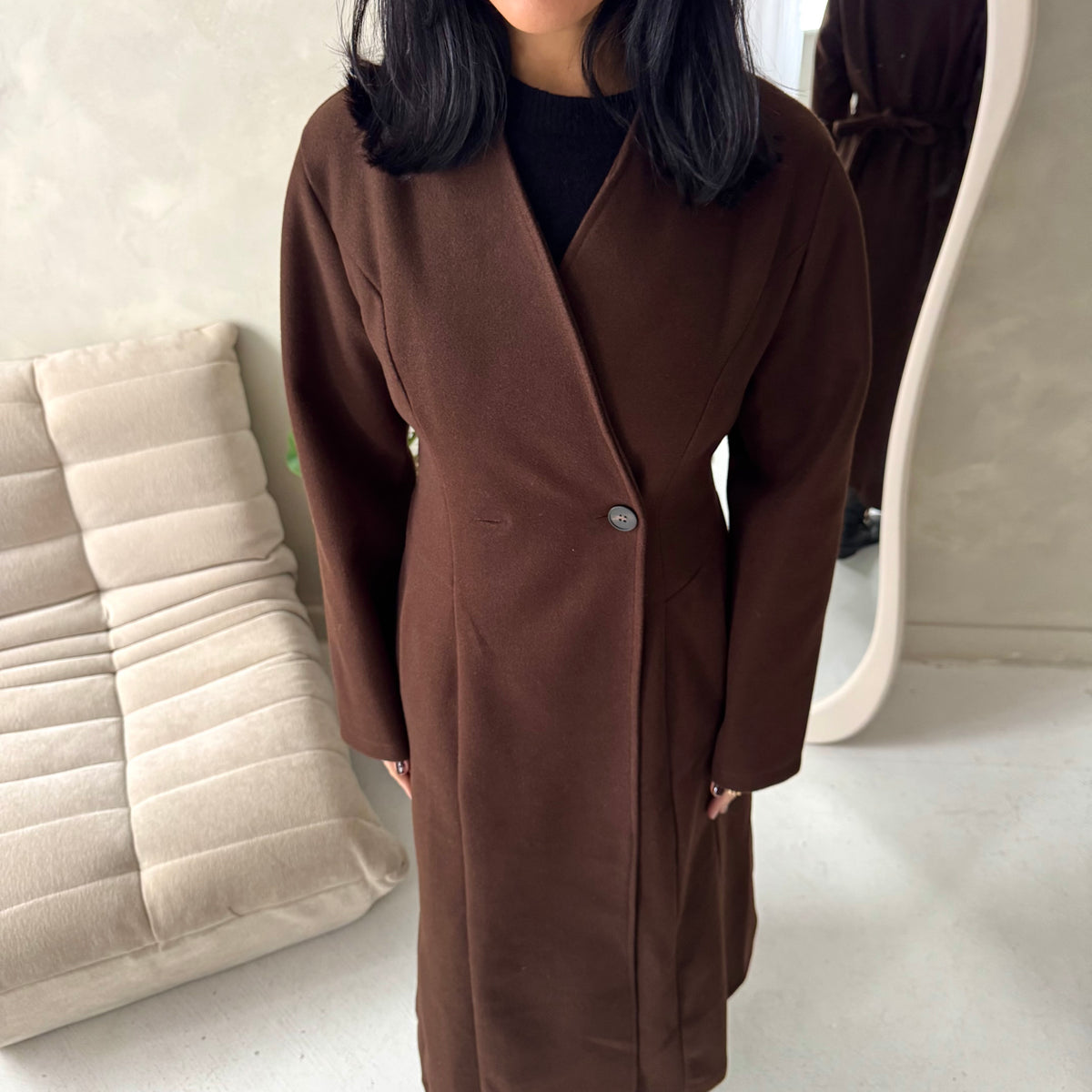 Aven Brown Belted Pocket Plain Trench Coat
