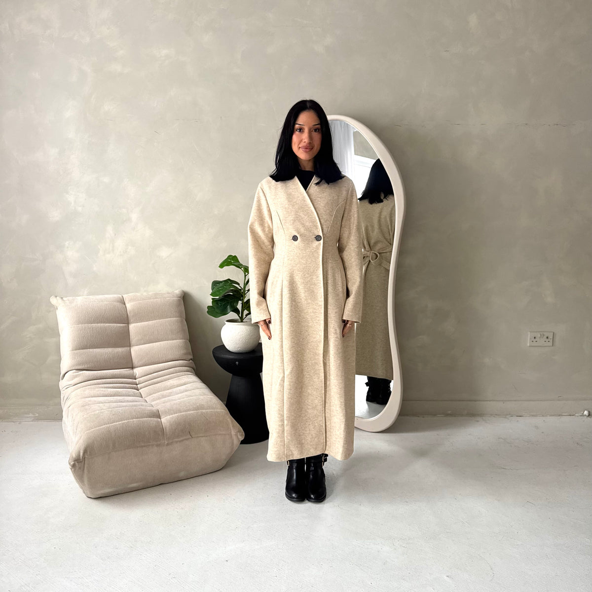 Aven Beige Belted Pocket Plain Trench Coat