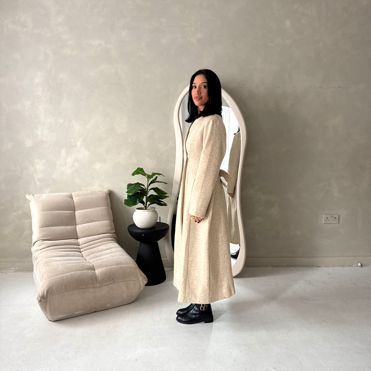 Aven Beige Belted Pocket Plain Trench Coat