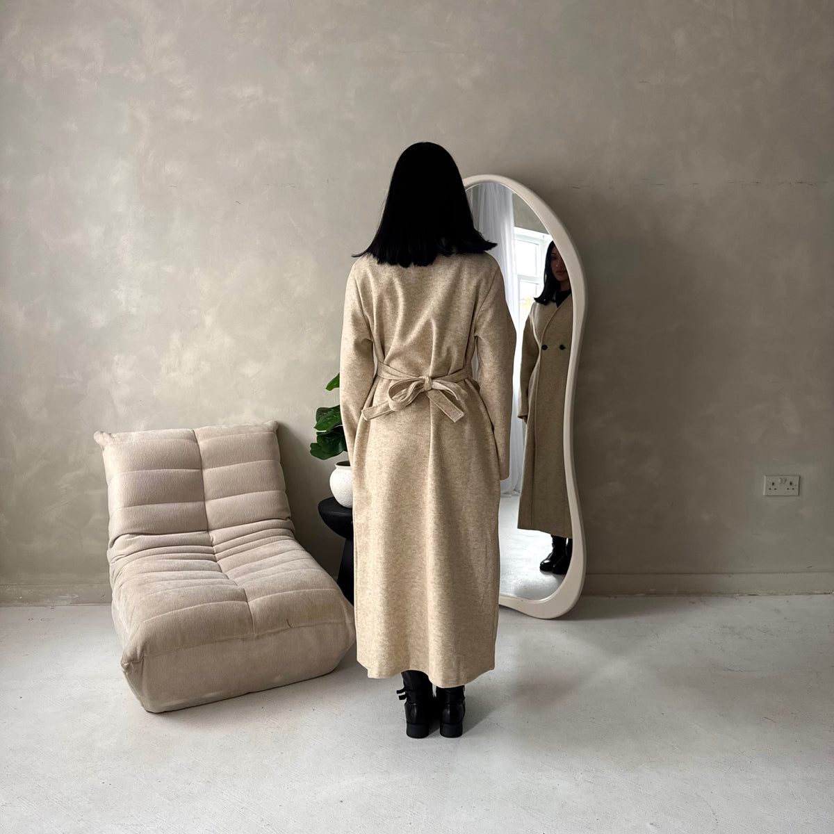 Aven Beige Belted Pocket Plain Trench Coat