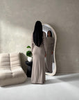 Yati Mocha Elegant Cape Waist Ruched Maxi Dress