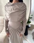 Yati Mocha Elegant Cape Waist Ruched Maxi Dress