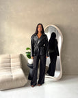 Aria Black Short Leather Belted Trench Jacket