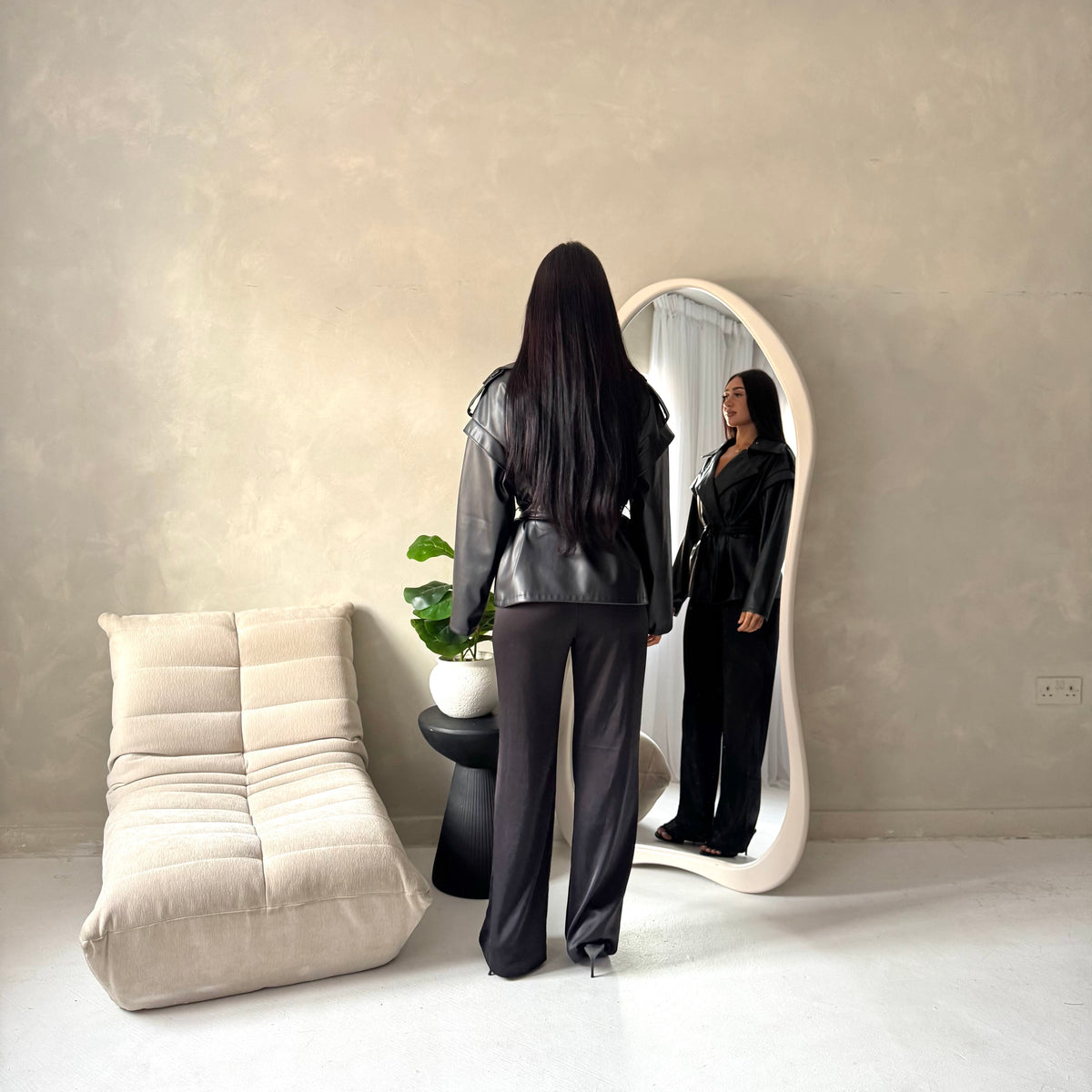 Aria Black Short Leather Belted Trench Jacket
