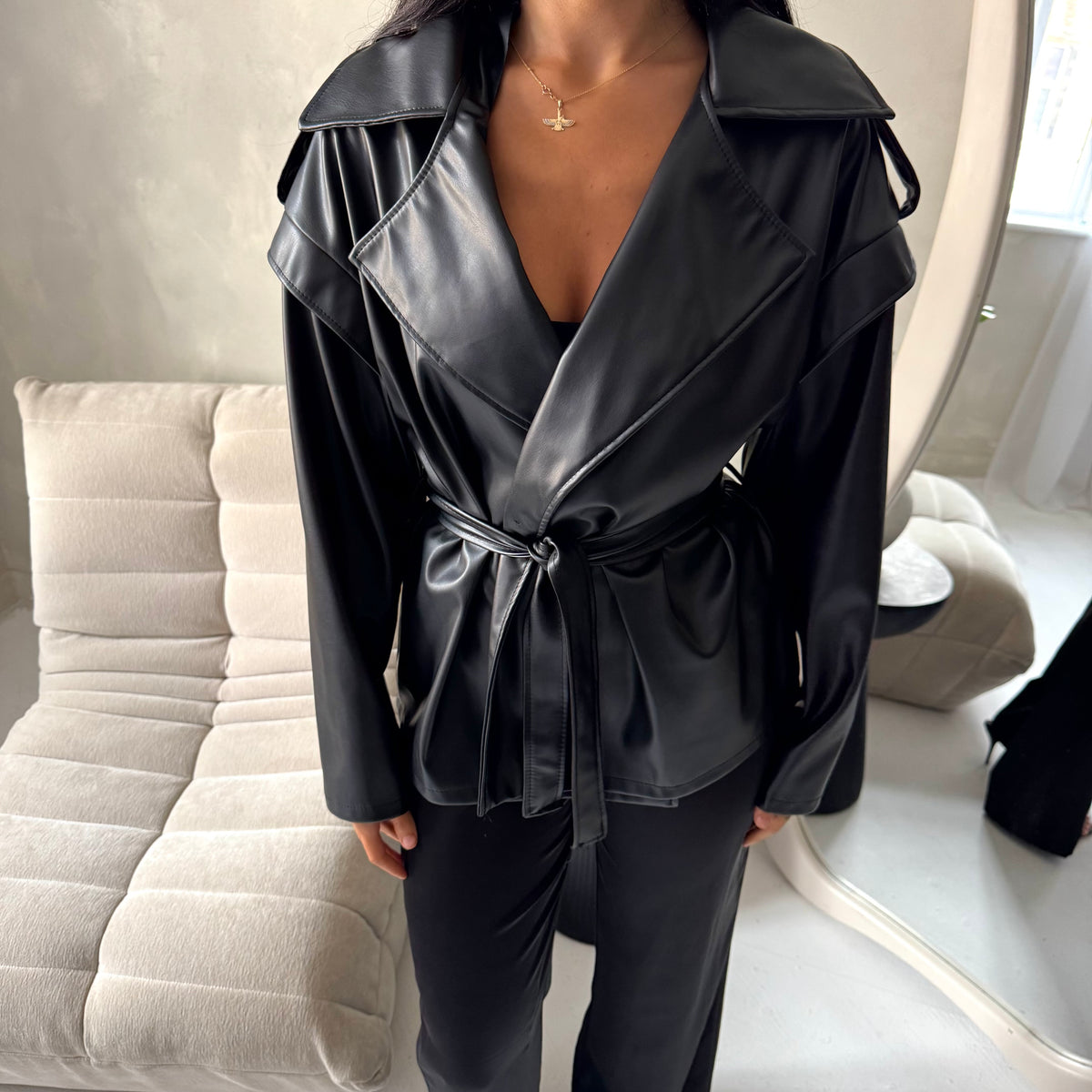 Aria Black Short Leather Belted Trench Jacket