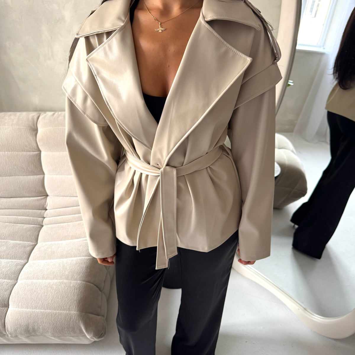 Aria Beige Short Leather Belted Trench Jacket