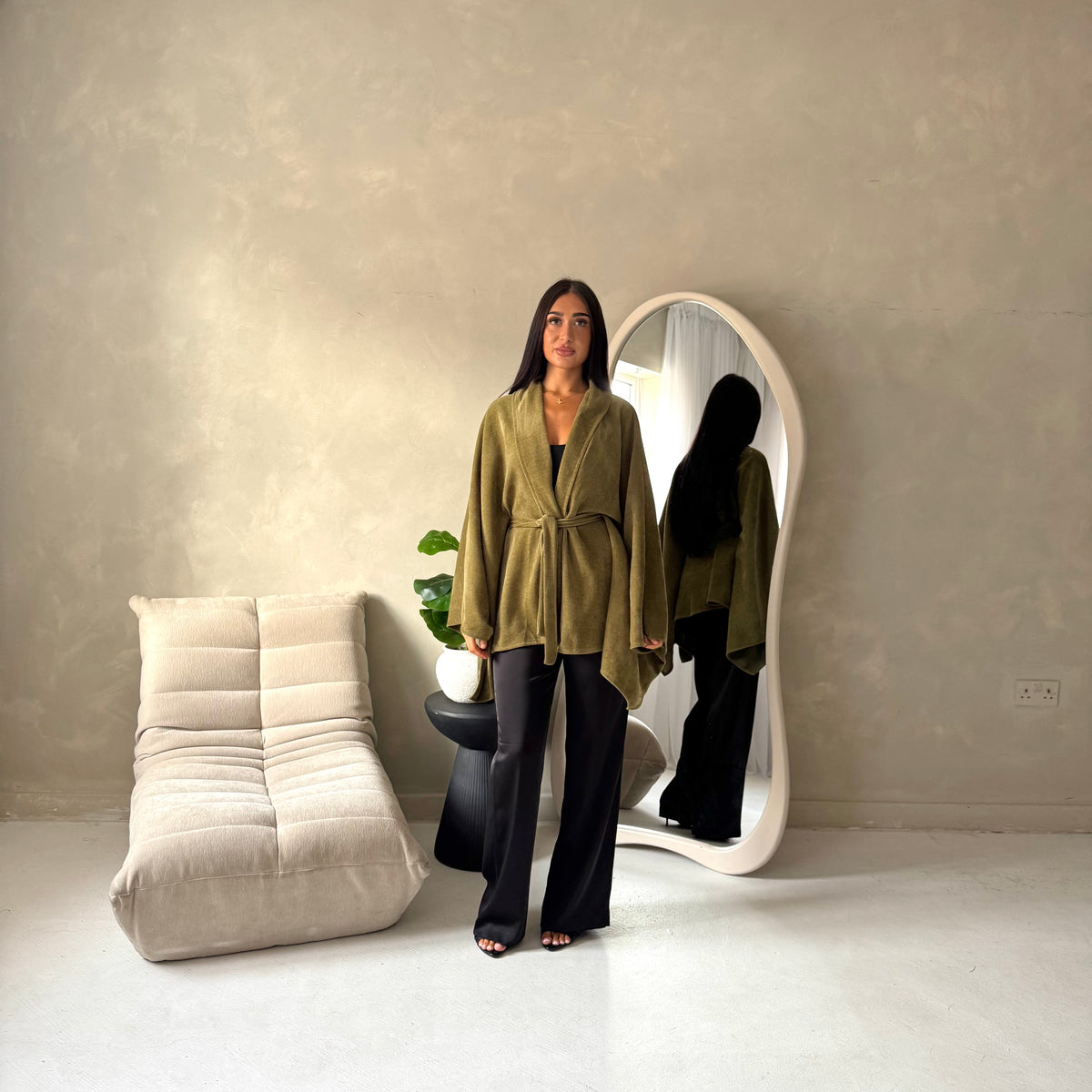 Amara Olive Belted Thick Open Cardigan-House Of Haniya