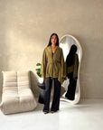 Amara Olive Belted Thick Open Cardigan-House Of Haniya