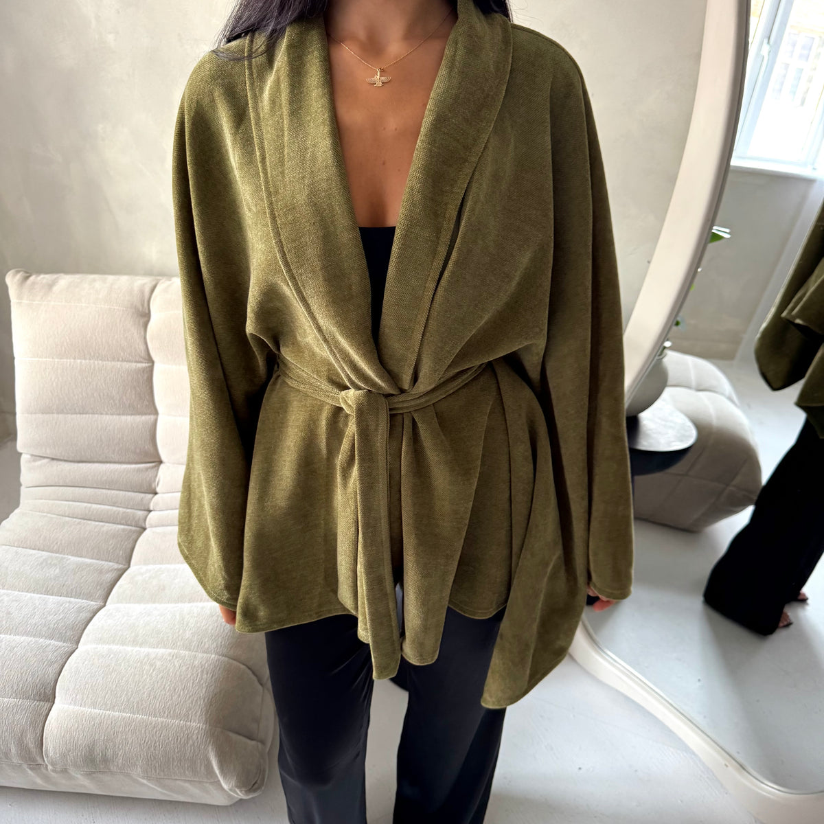 Amara Olive Belted Thick Open Cardigan-House Of Haniya