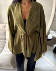 Amara Olive Belted Thick Open Cardigan-House Of Haniya