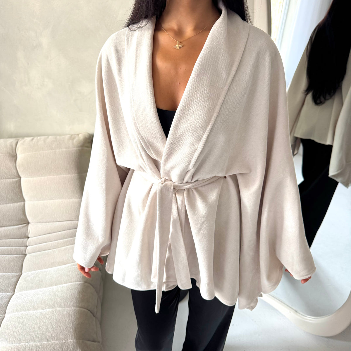 Amara Beige Belted Thick Open Cardigan-House Of Haniya