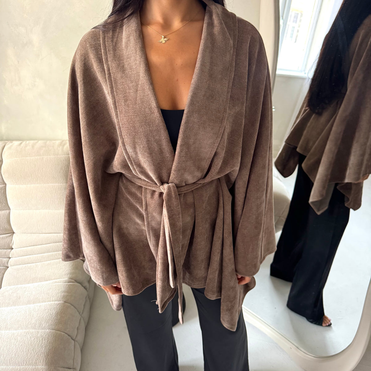 Amara Mocha Belted Thick Open Cardigan-House Of Haniya