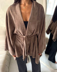 Amara Mocha Belted Thick Open Cardigan-House Of Haniya