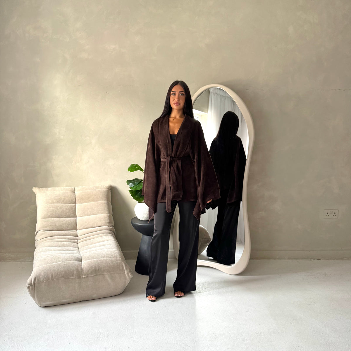 Amara Brown Belted Thick Open Cardigan-House Of Haniya