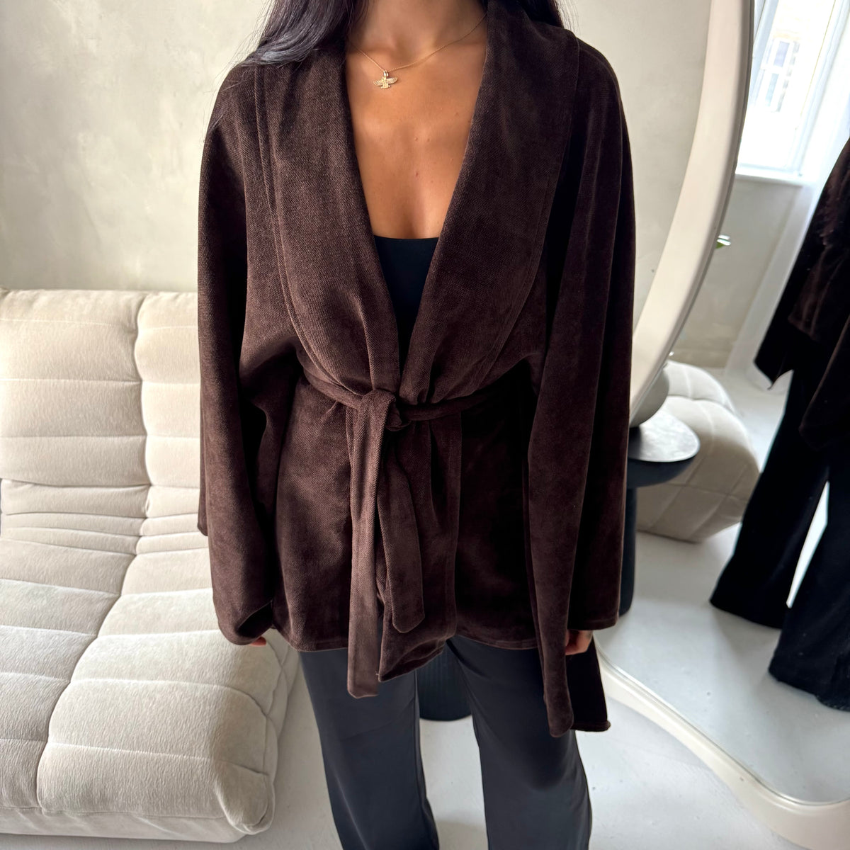Amara Brown Belted Thick Open Cardigan-House Of Haniya