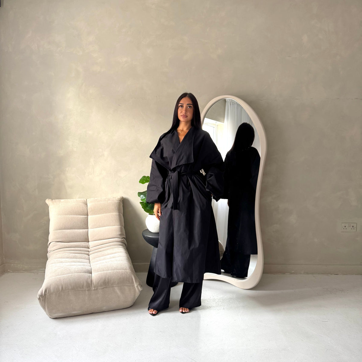 Rosh Black Belted Balloon Sleeve Plain Jacket