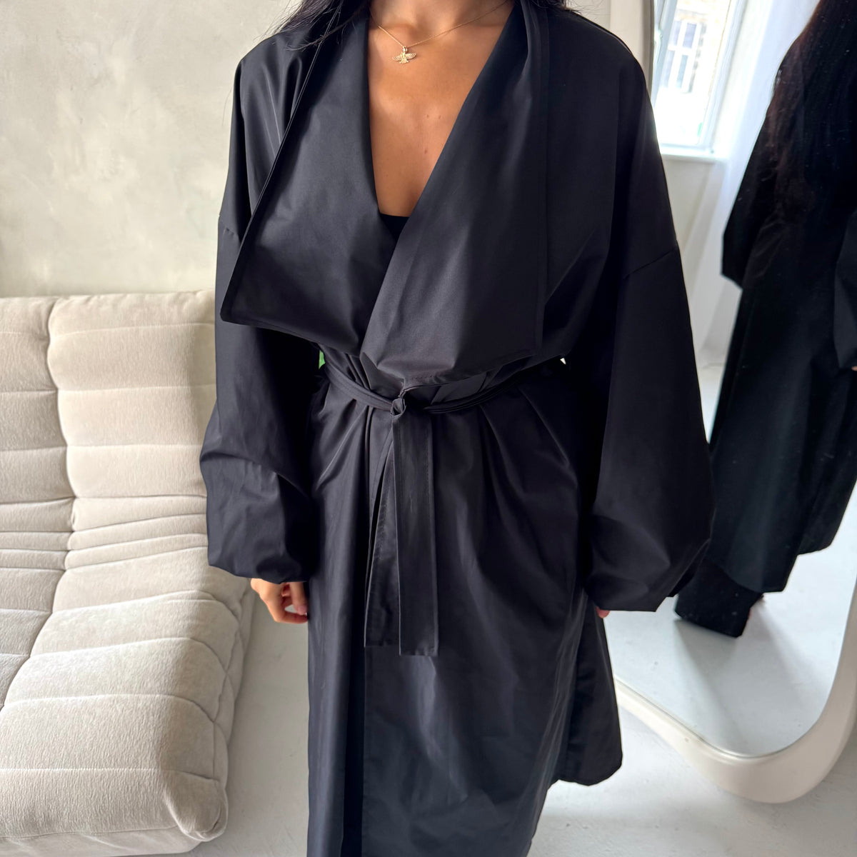 Rosh Black Belted Balloon Sleeve Plain Jacket