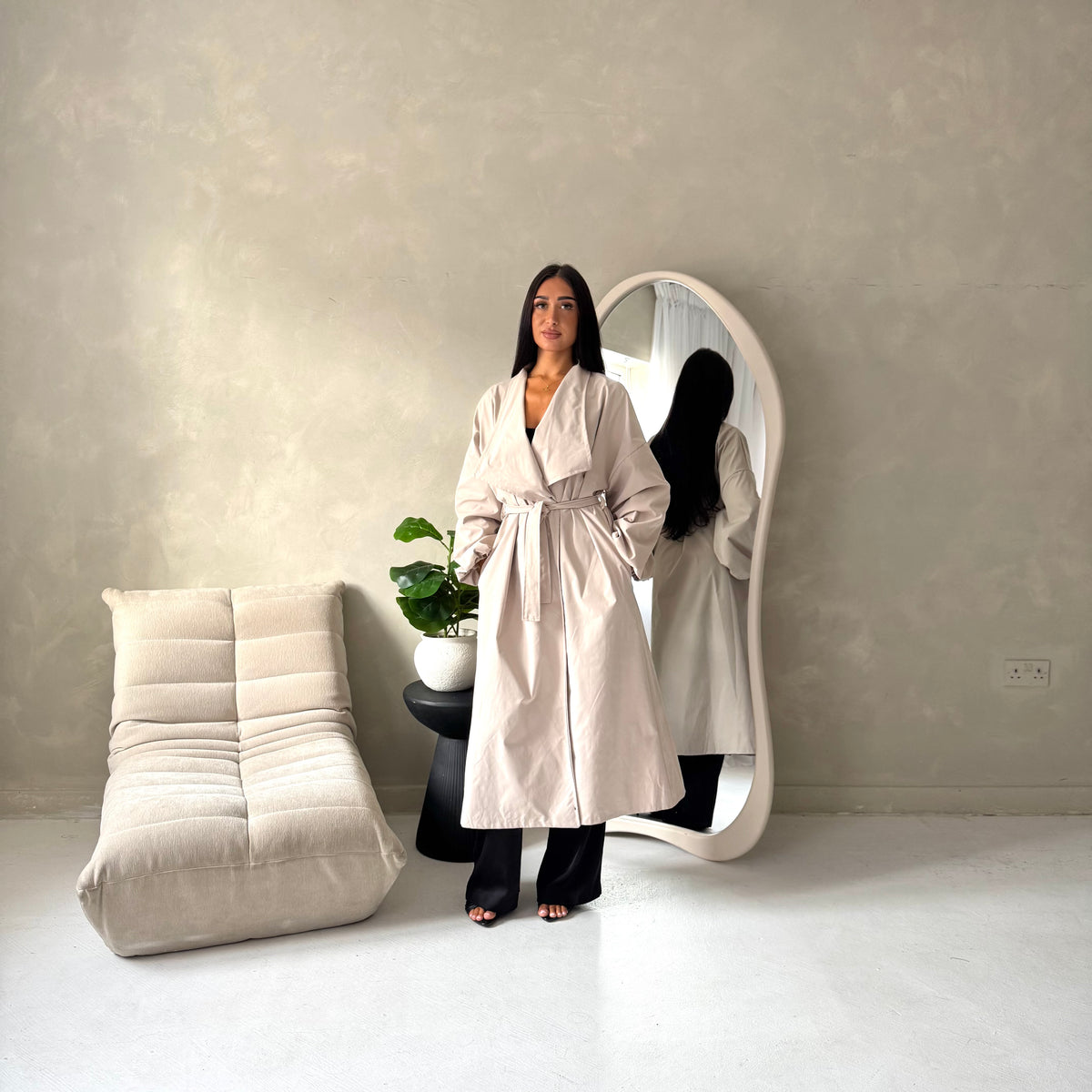 Rosh Beige Belted Balloon Sleeve Plain Jacket