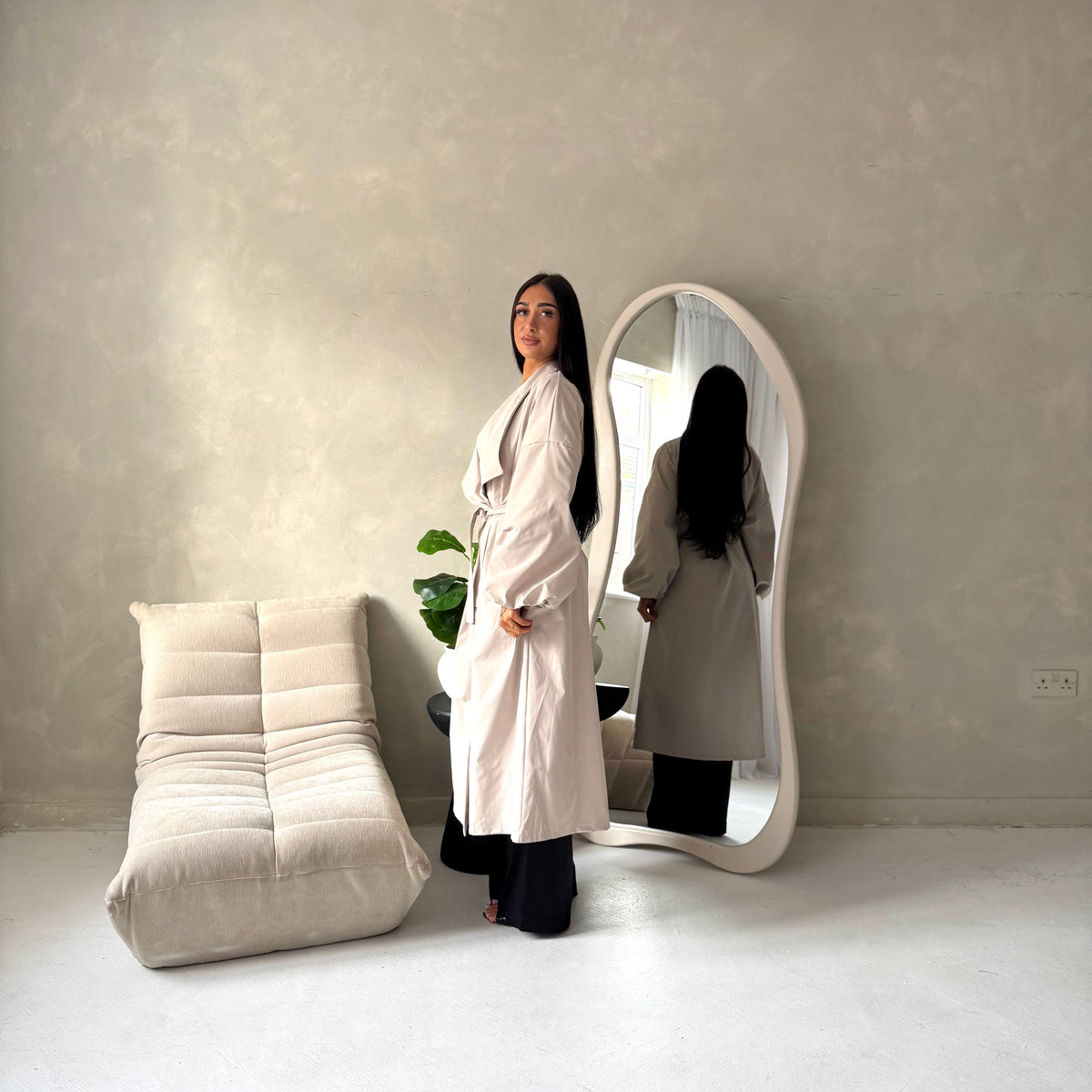Rosh Beige Belted Balloon Sleeve Plain Jacket
