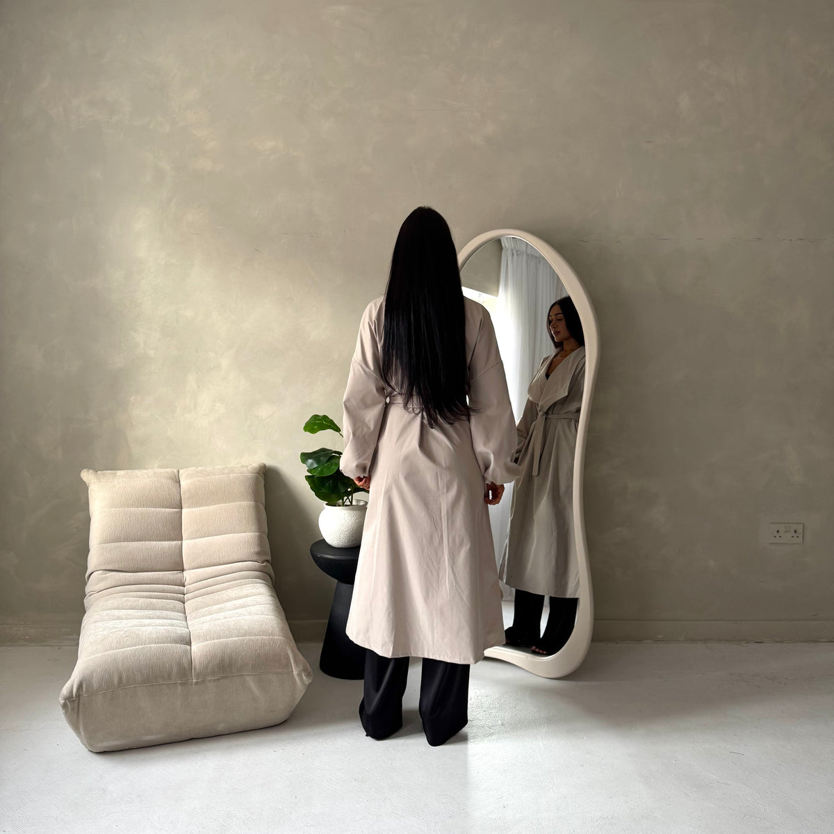 Rosh Beige Belted Balloon Sleeve Plain Jacket