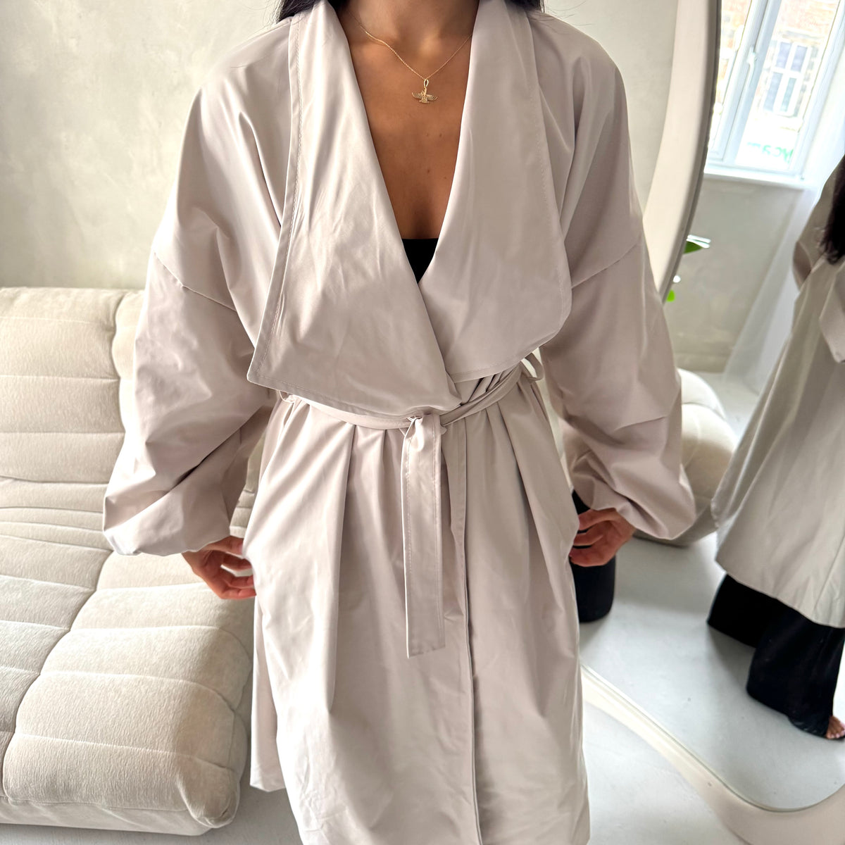 Rosh Beige Belted Balloon Sleeve Plain Jacket