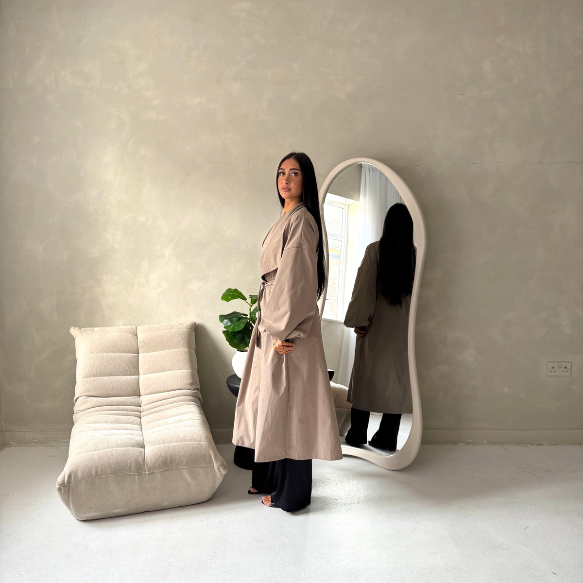 Rosh Mocha Belted Balloon Sleeve Plain Jacket