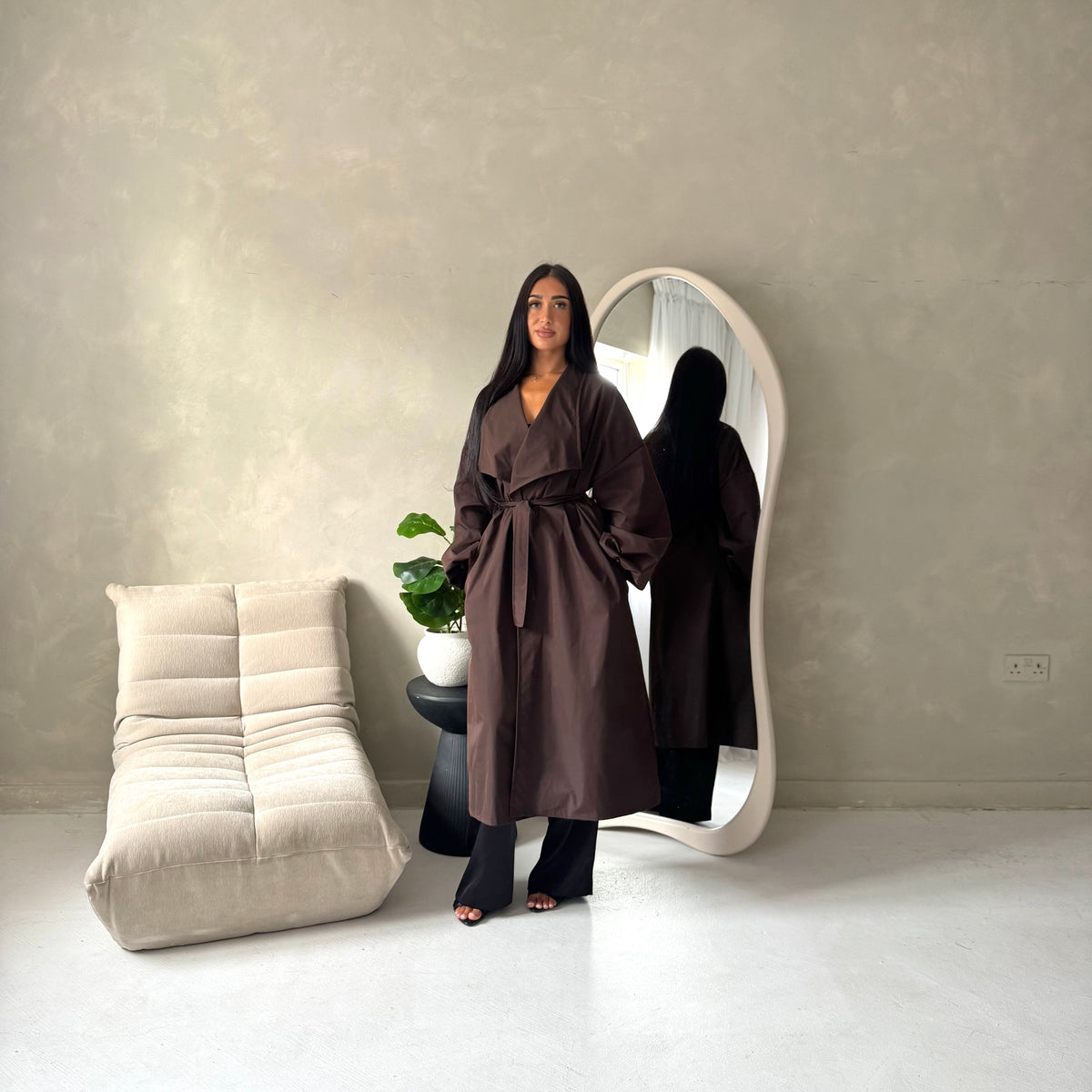 Rosh Brown Belted Balloon Sleeve Plain Jacket