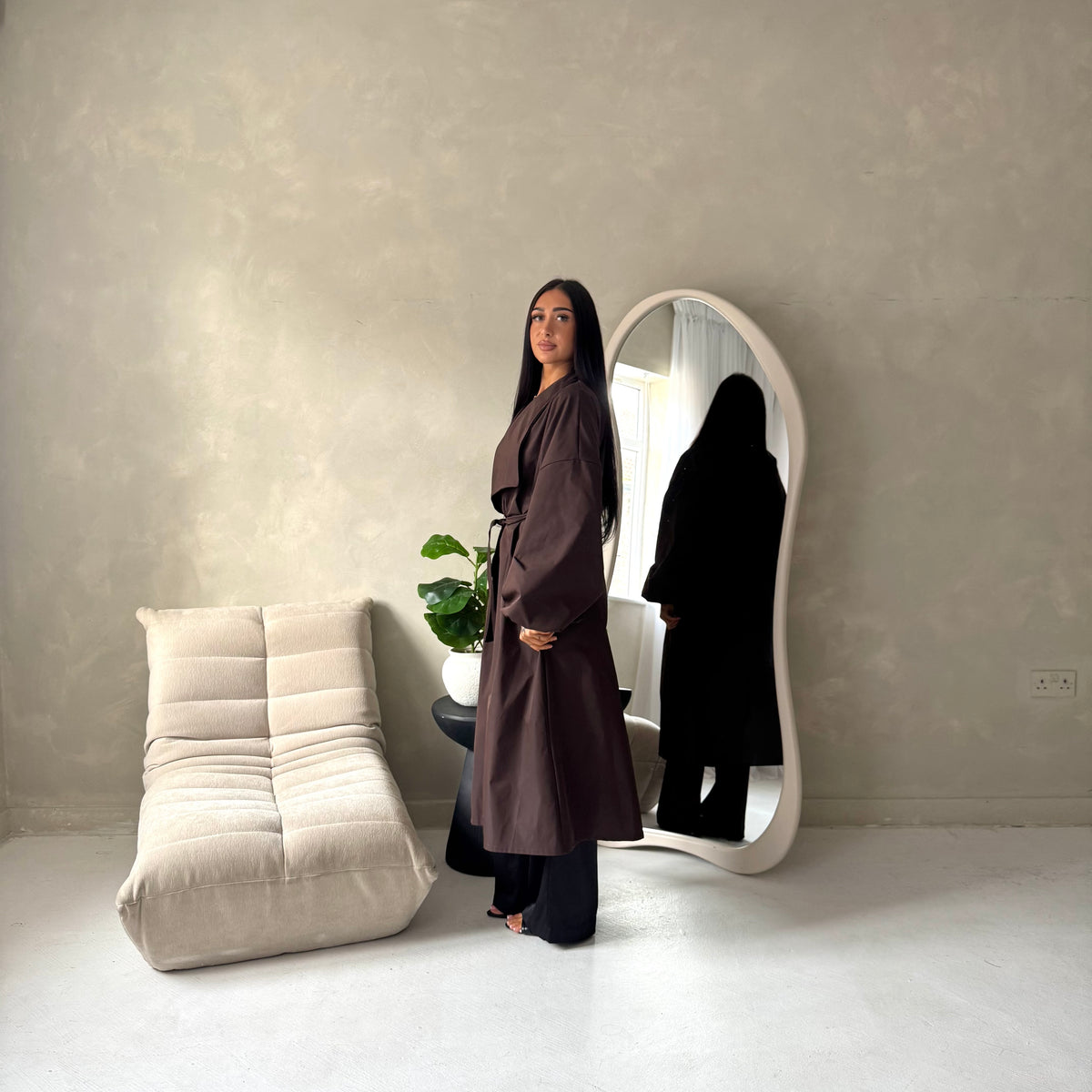 Rosh Brown Belted Balloon Sleeve Plain Jacket