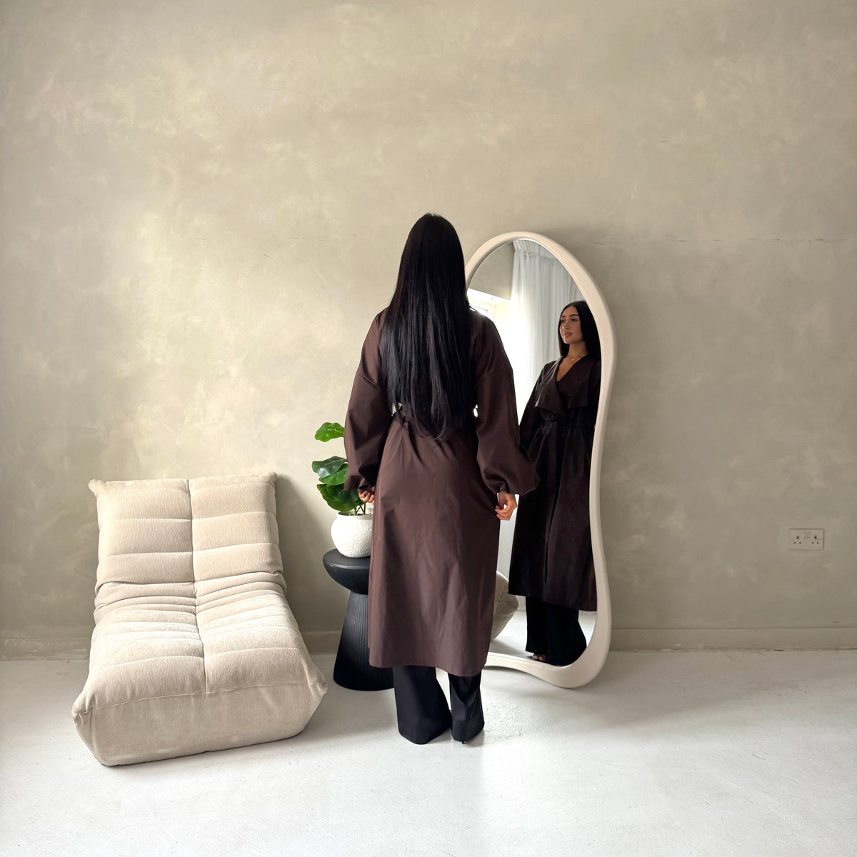 Rosh Brown Belted Balloon Sleeve Plain Jacket