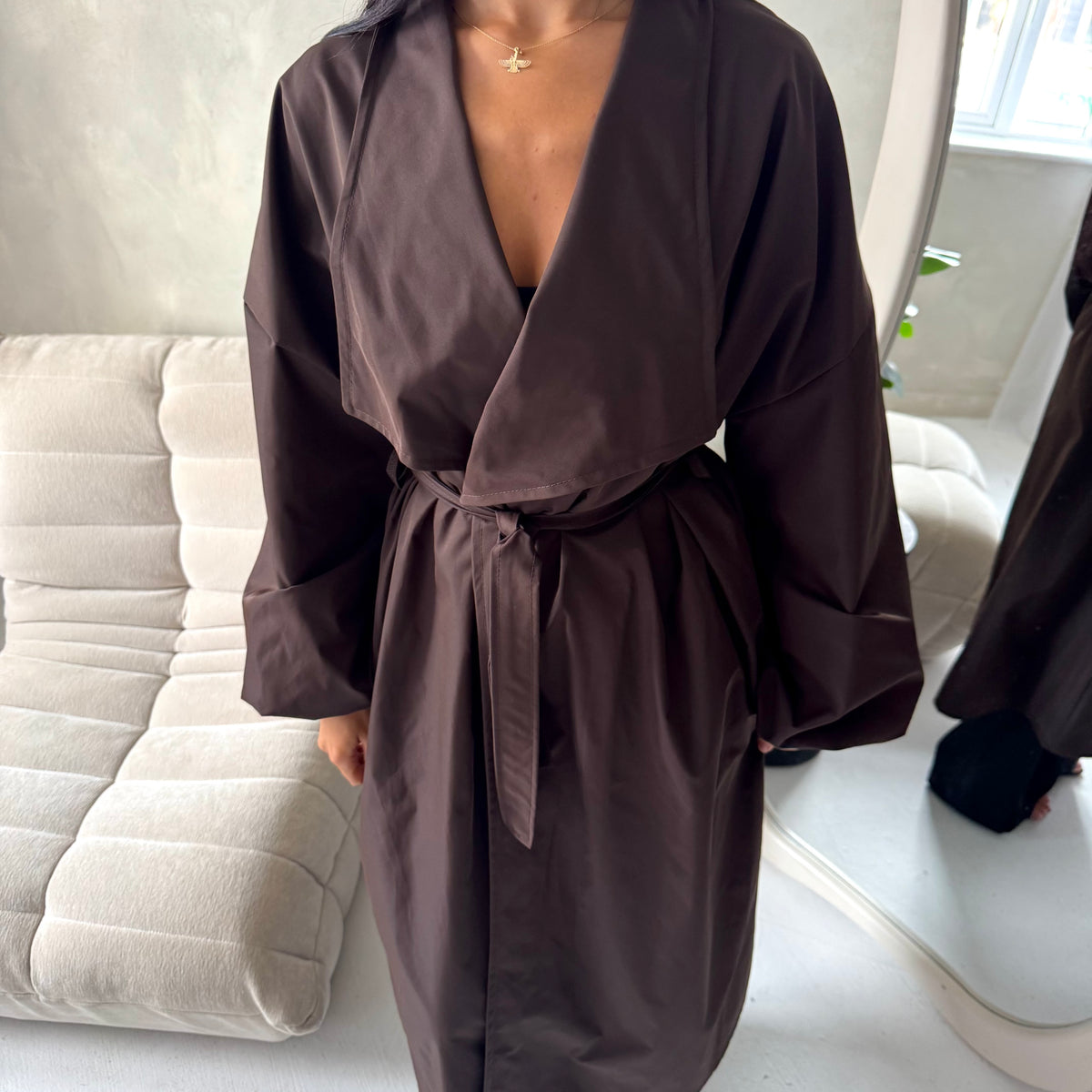 Rosh Brown Belted Balloon Sleeve Plain Jacket