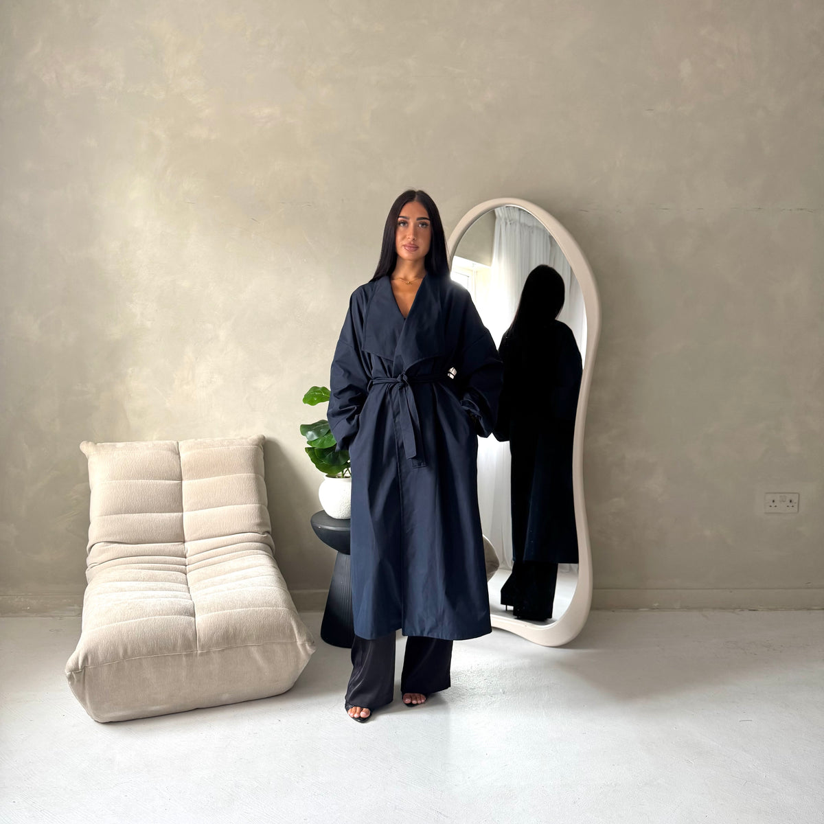 Rosh Navy Belted Balloon Sleeve Plain Jacket