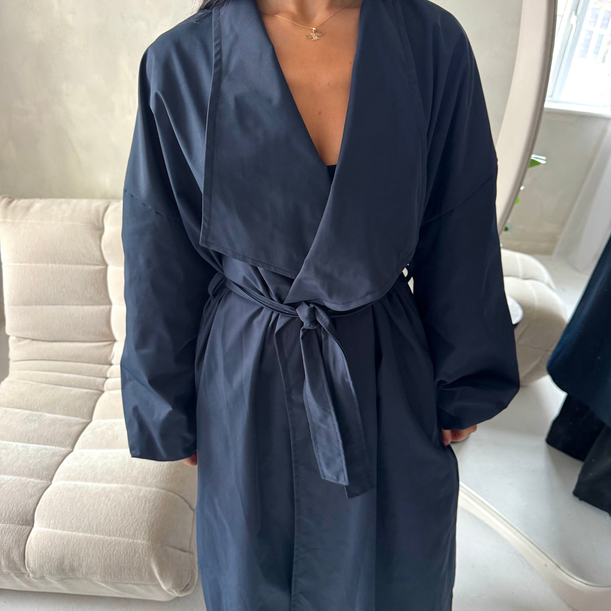 Rosh Navy Belted Balloon Sleeve Plain Jacket
