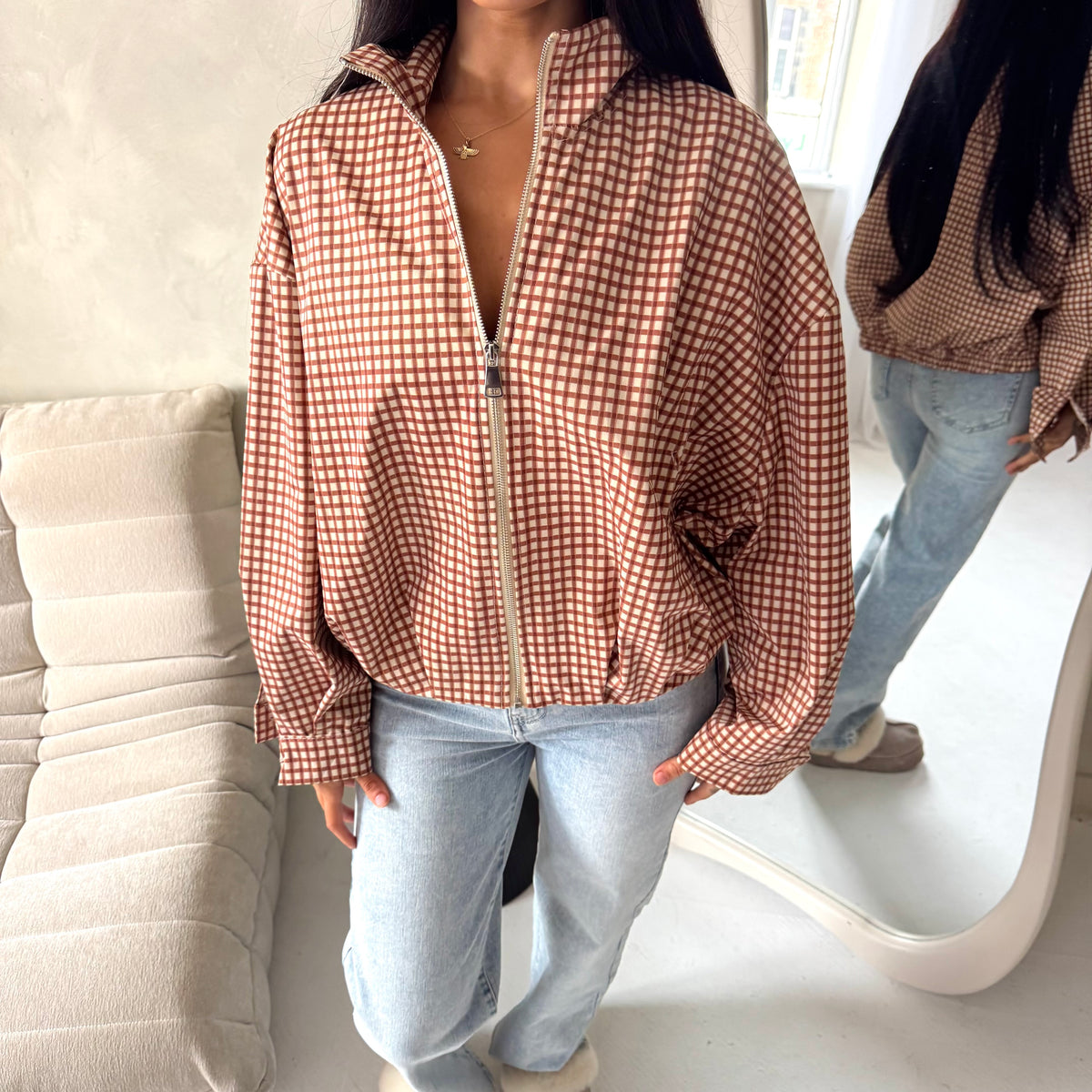 Emma Rust Checked Zipper Bomber Jacket-House Of Haniya