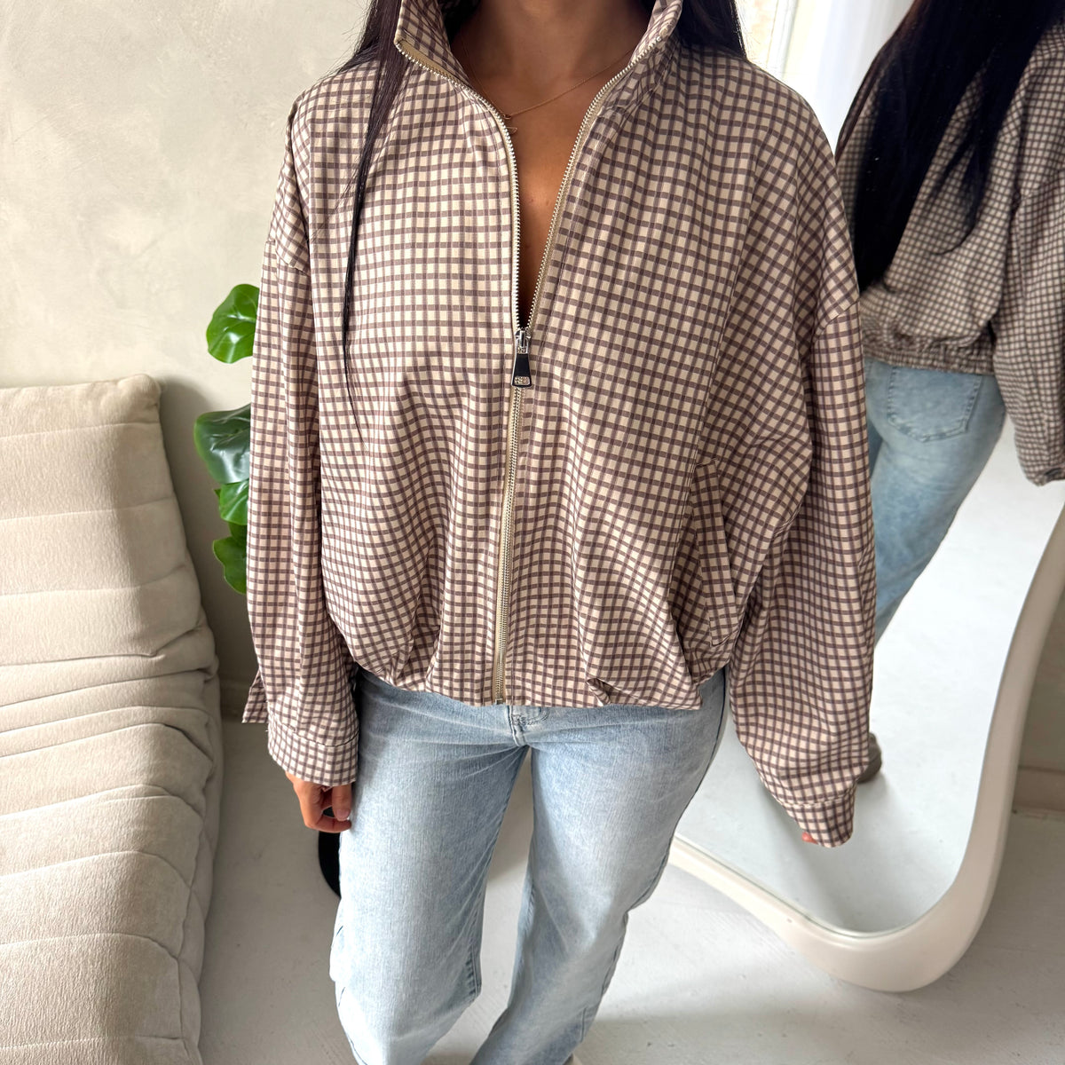 Emma Mocha Checked Zipper Bomber Jacket-House Of Haniya