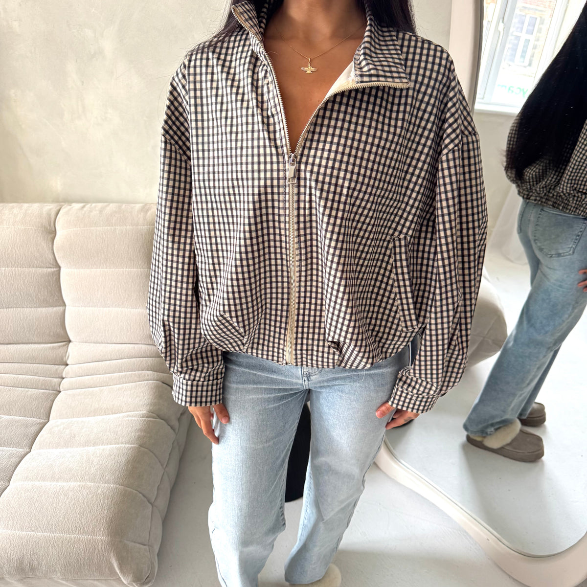 Emma Black Checked Zipper Bomber Jacket-House Of Haniya