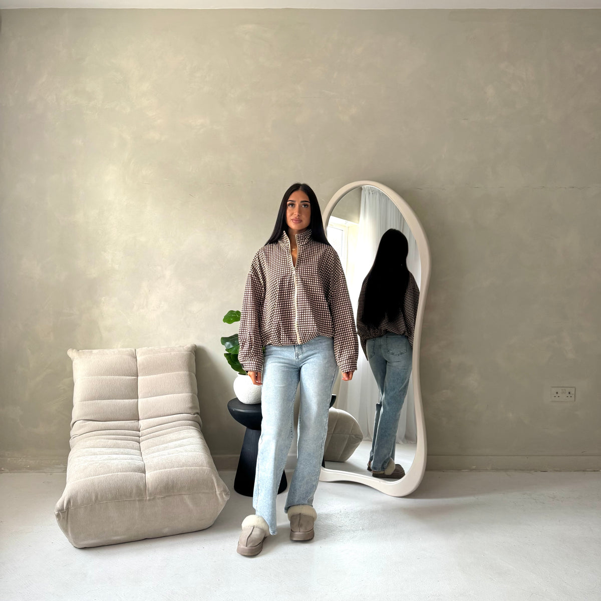 Emma Brown Checked Zipper Bomber Jacket-House Of Haniya
