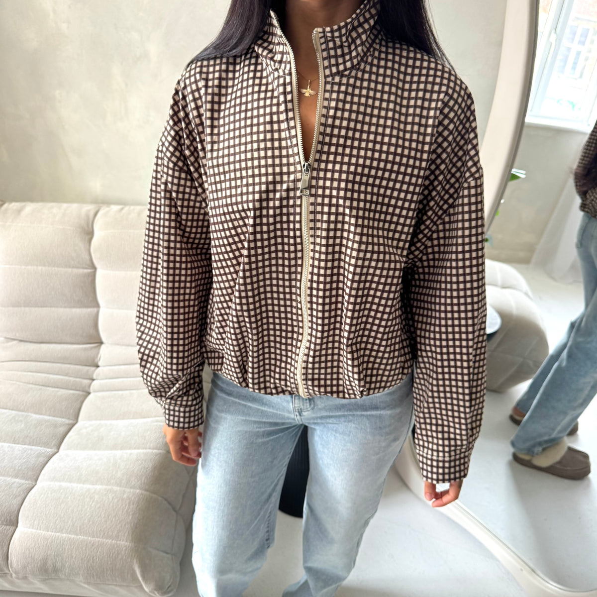 Emma Brown Checked Zipper Bomber Jacket-House Of Haniya