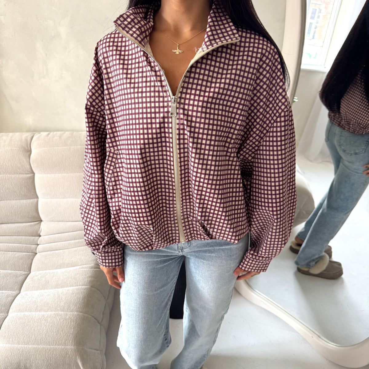 Emma Wine Checked Zipper Bomber Jacket-House Of Haniya