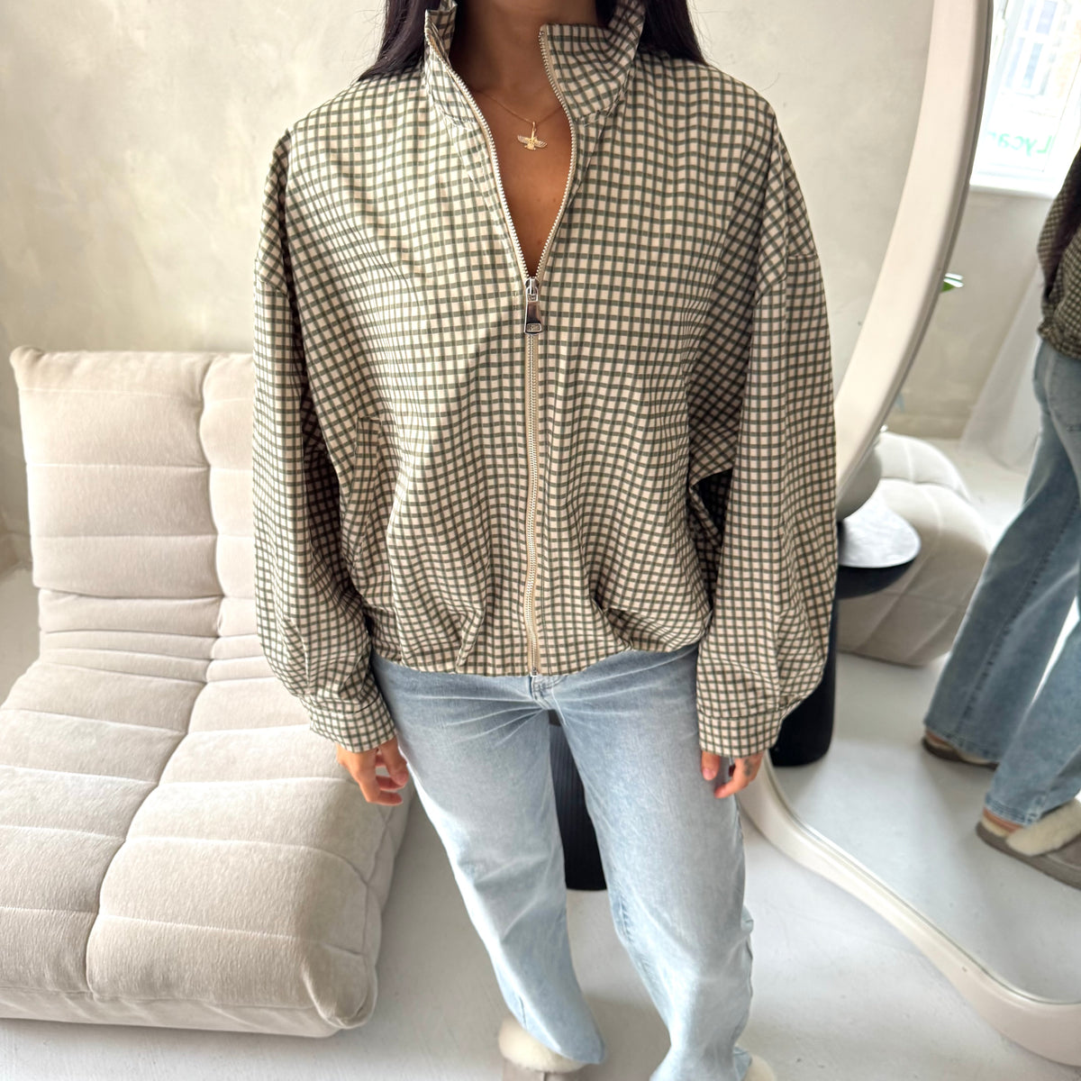 Emma Khaki Checked Zipper Bomber Jacket-House Of Haniya