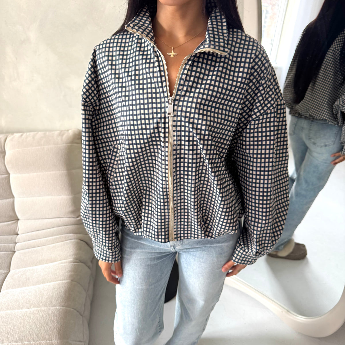 Emma Navy Checked Zipper Bomber Jacket-House Of Haniya