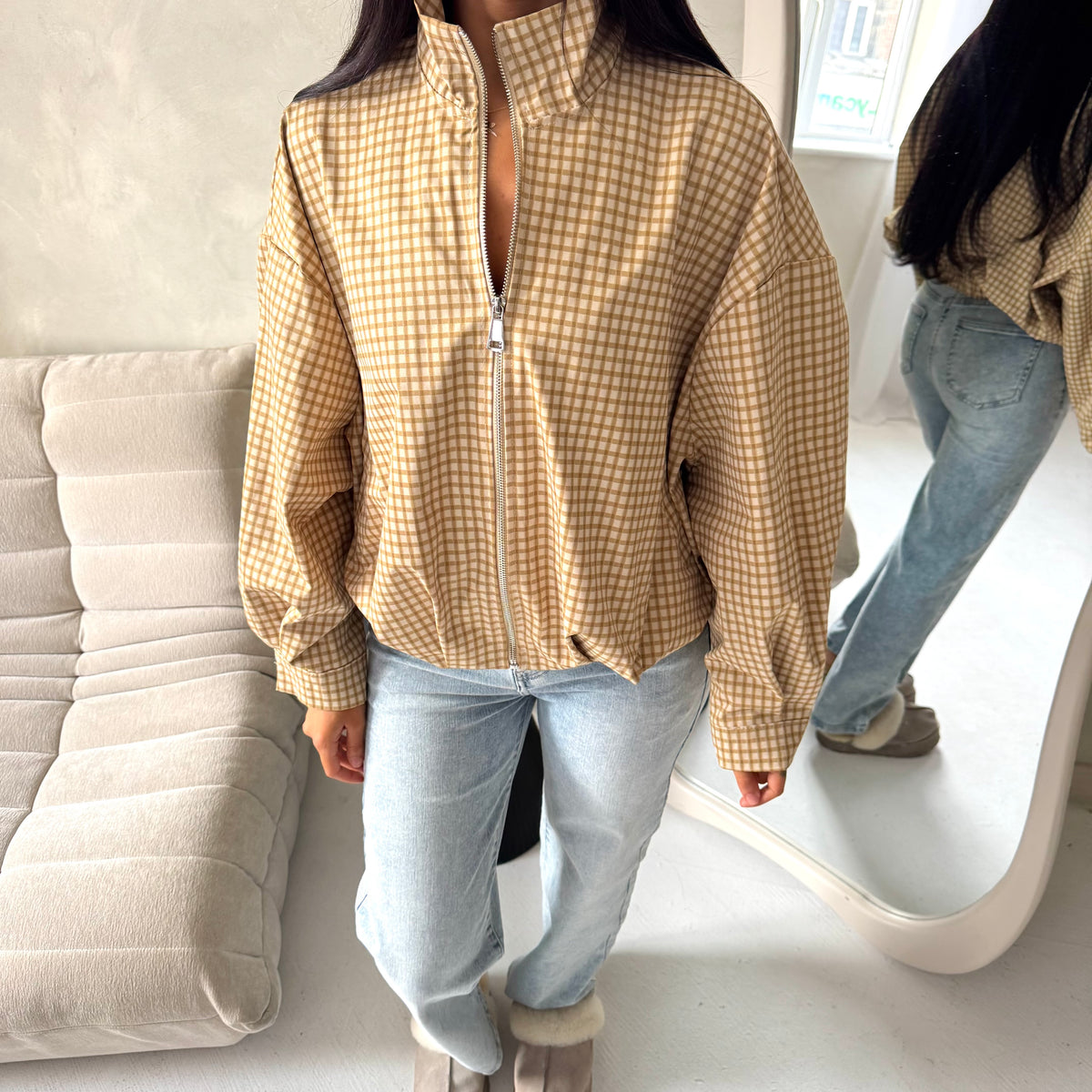 Emma Mustard Checked Zipper Bomber Jacket-House Of Haniya