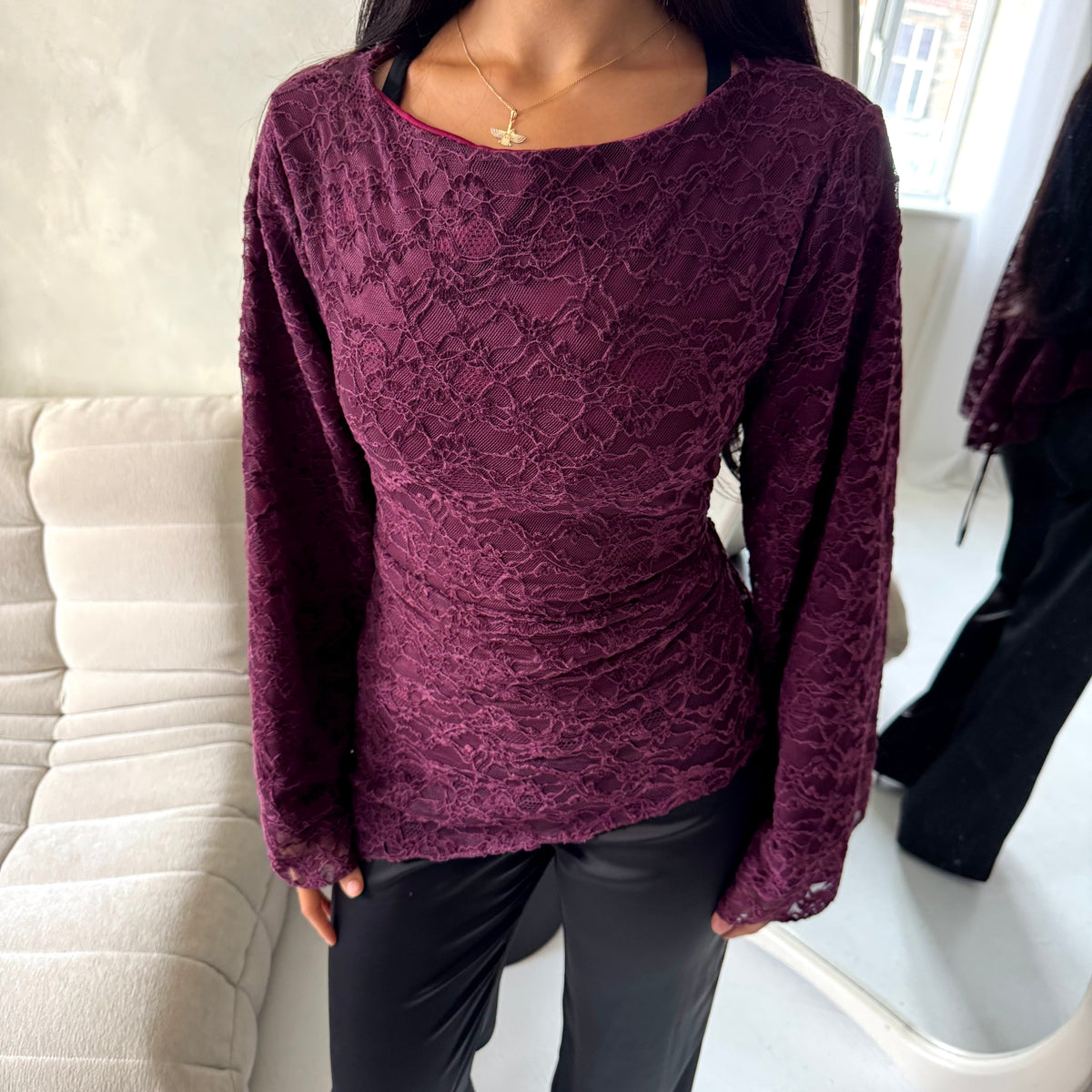 Aura Plum Lace Detail Lined Tie Back Top