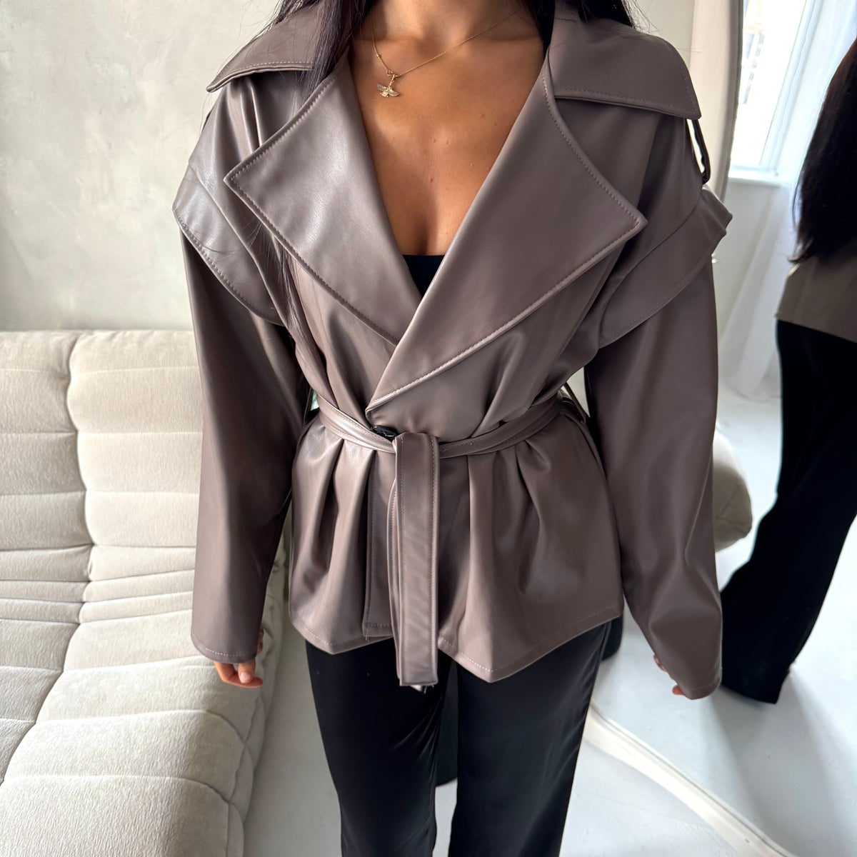 Aria Mocha Short Leather Belted Trench Jacket