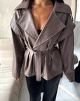 Aria Mocha Short Leather Belted Trench Jacket