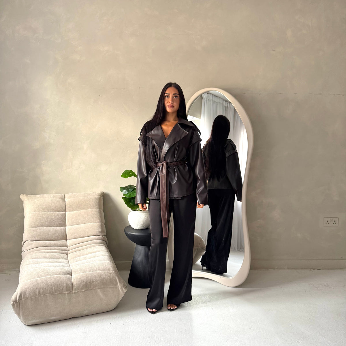 Aria Brown Short Leather Belted Trench Jacket