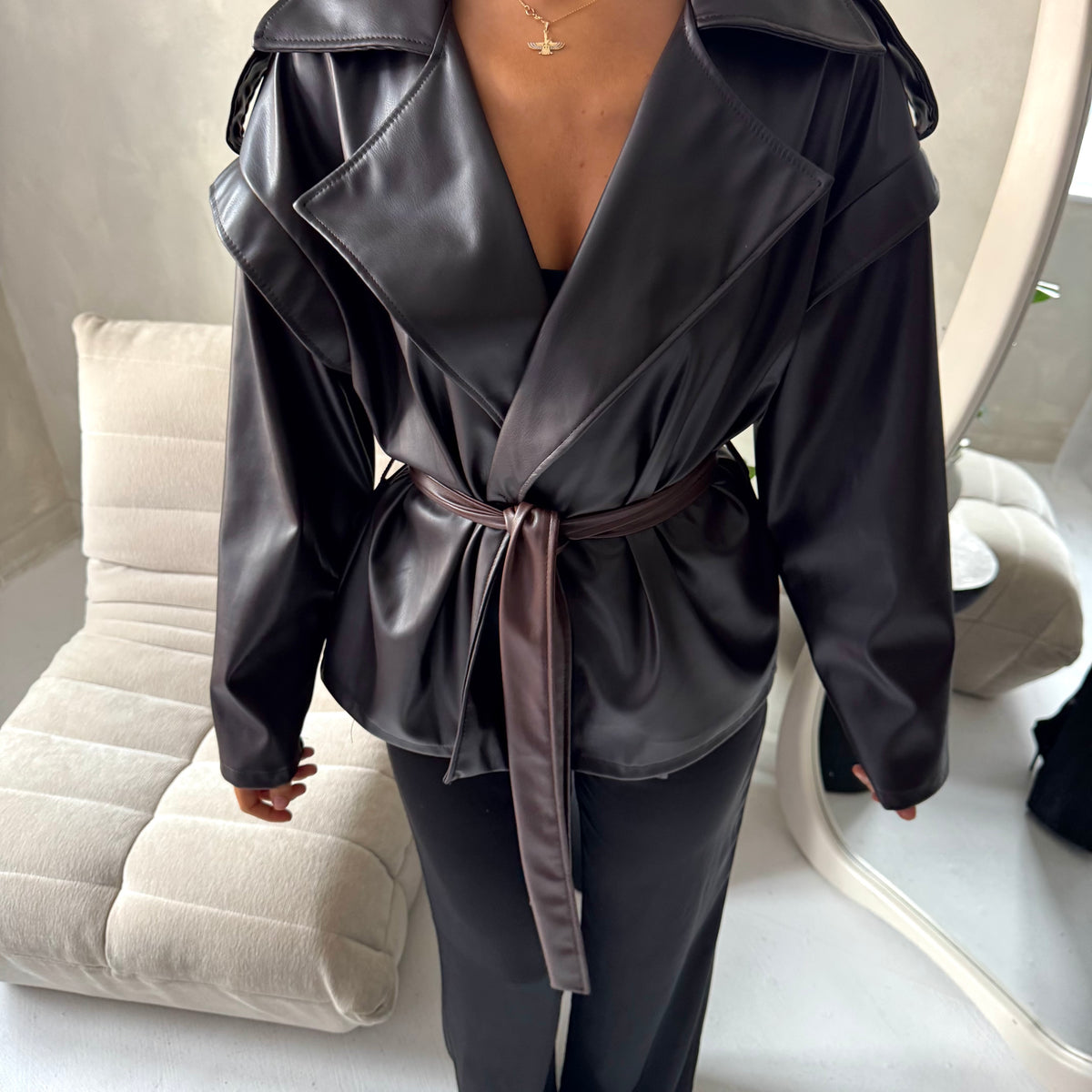 Aria Brown Short Leather Belted Trench Jacket