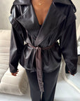 Aria Brown Short Leather Belted Trench Jacket