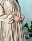 Reha Beige Pleated Long Satin Dress