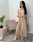 Reha Beige Pleated Long Satin Dress